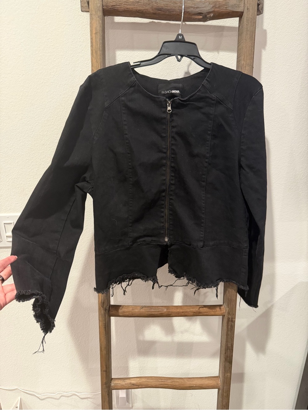 Fashion Nova Black Distressed Zip-Front Jean Jacket